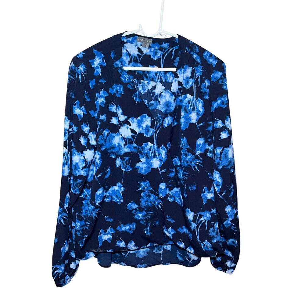 Vince Camuto Floral Blouse Wrap Top Long Sleeve V-Neck Blue Womens Size L NEW